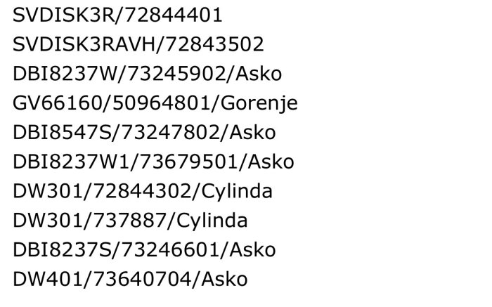 Textlista över olika diskmaskinmodeller och artikelnummer från Asko, Gorenje och Cylinda.