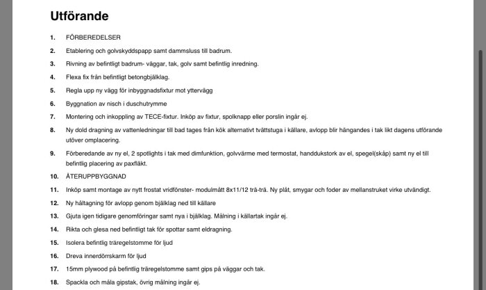Lista med steg i en badrumsrenovering, inklusive förberedelser, elinstallationer och återuppbyggnad.