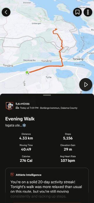 Karta över kvällspromenad i Torsång, Dalarna, visar sträcka på 4,33 km. Information om tid, tempo, kalorier och steg visas.