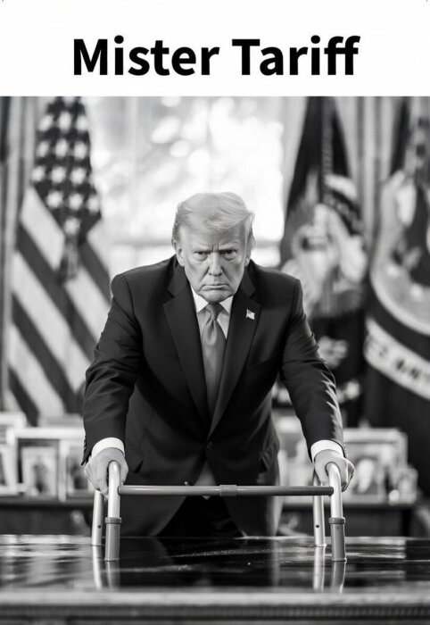 Man i kostym lutar sig över rullator i vad som verkar vara ett kontor med amerikansk flagga i bakgrunden. Texten "Mister Tariff" syns ovanför.