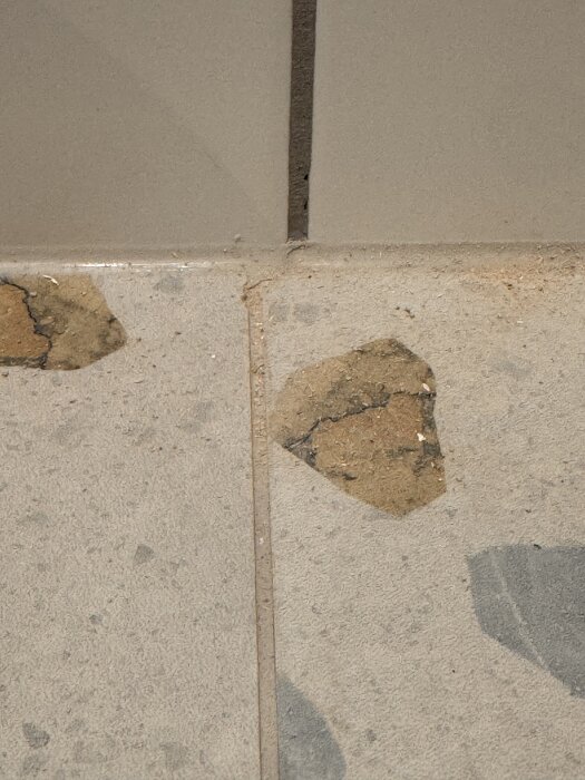 Felkapade och flisade klinkerplattor med ojämna fogar på golv, samt defekter på väggen syns i ett nyrenoverat badrum.