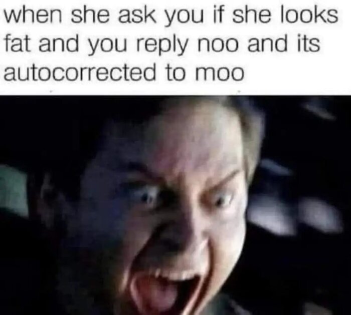 En person ser chockad ut med texten "when she ask you if she looks fat and you reply noo and its autocorrected to moo" ovanför.