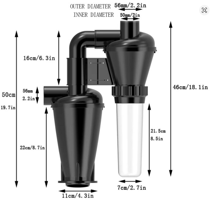 Cyclonseparator i svart med detaljerade dimensioner på olika delar, inklusive höjder och diametrar i både centimeter och tum.