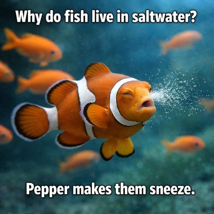 Clownfisk som nyser i vatten i ett skämt med texten "Why do fish live in saltwater? Pepper makes them sneeze.