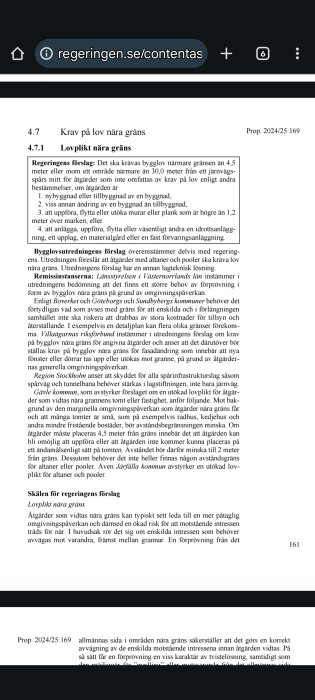Skärmdump av webbsidan regeringens förslag om bygglov nära gräns, inklusive krav för nybyggnad eller tillbyggnad.