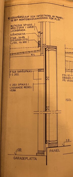 Ritning av väggkonstruktion med detaljer om infästning, ståndskiva och panel, relaterat till garage och förrådsrenovering.
