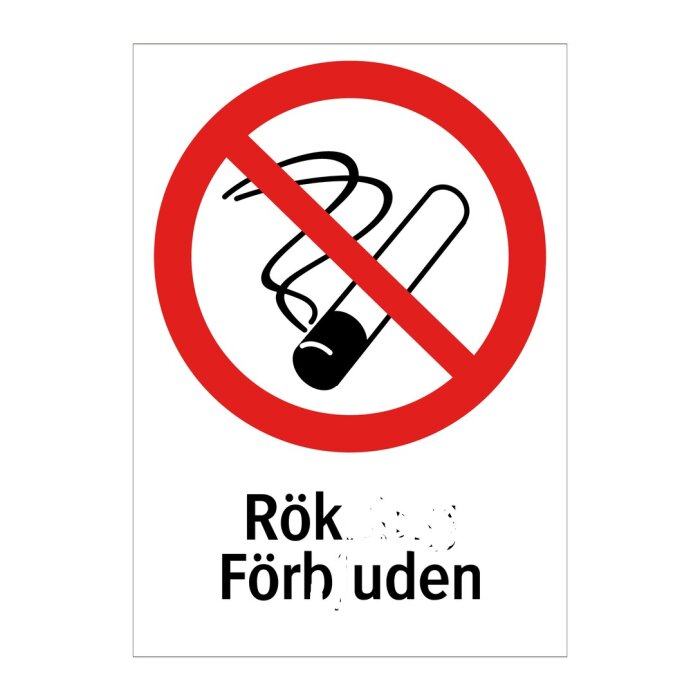 Förbudsskylt med överkryssad cigarett, text "Rökning Förbjuden".