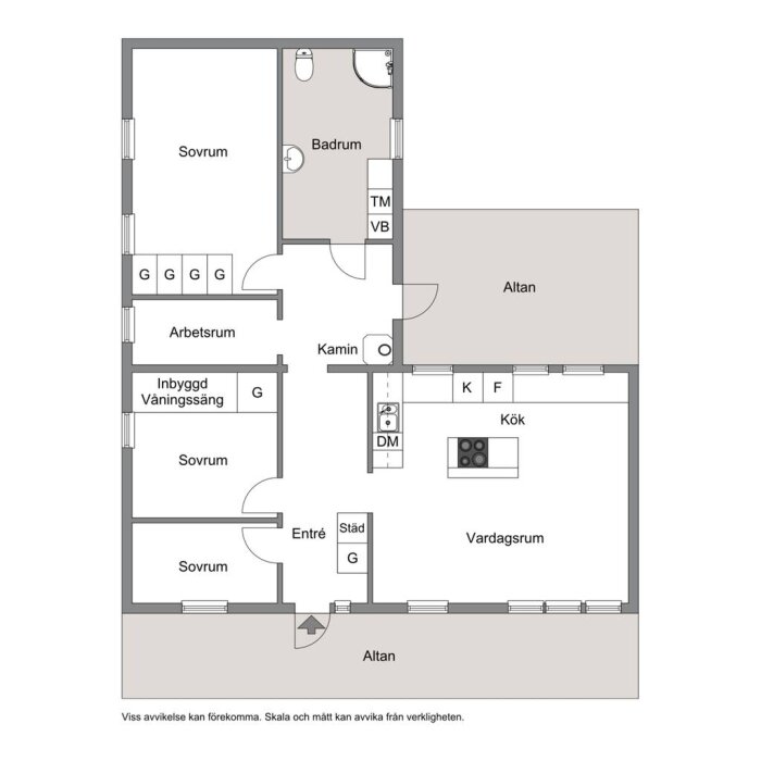 Planskiss av hus med två sovrum, arbetsrum, badrum, kök, vardagsrum och två altaner. Innehåller detaljer som kamin, entré och inbyggd våningssäng.