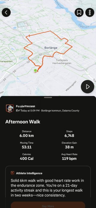 Karta över en 6 km lång promenad i Borlänge med statistik: 6748 steg, 53:11 minuter, höjdförändring 38 m, 400 kalorier brända, medelhjärtfrekvens 119 bpm.