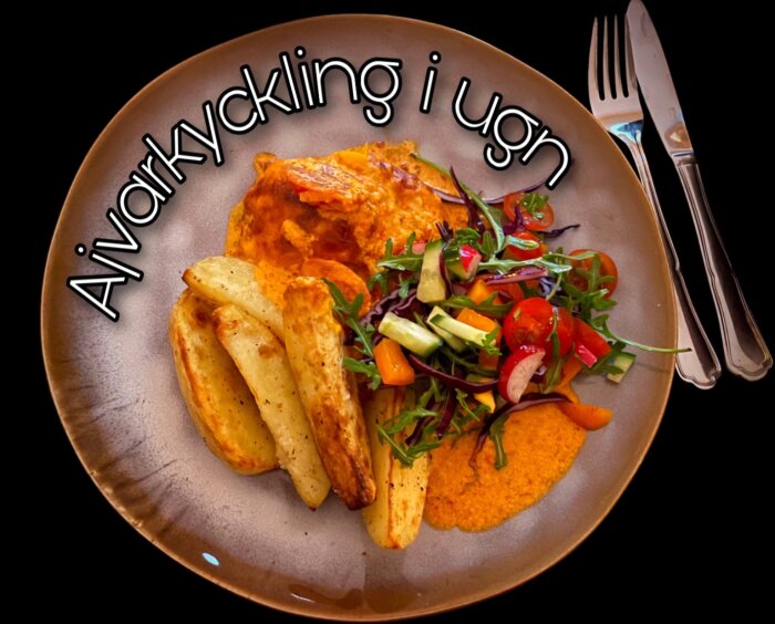 Ajvarkyckling i ugn serverad med sallad och stora klyftpotatisar på tallrik, med bestick bredvid.