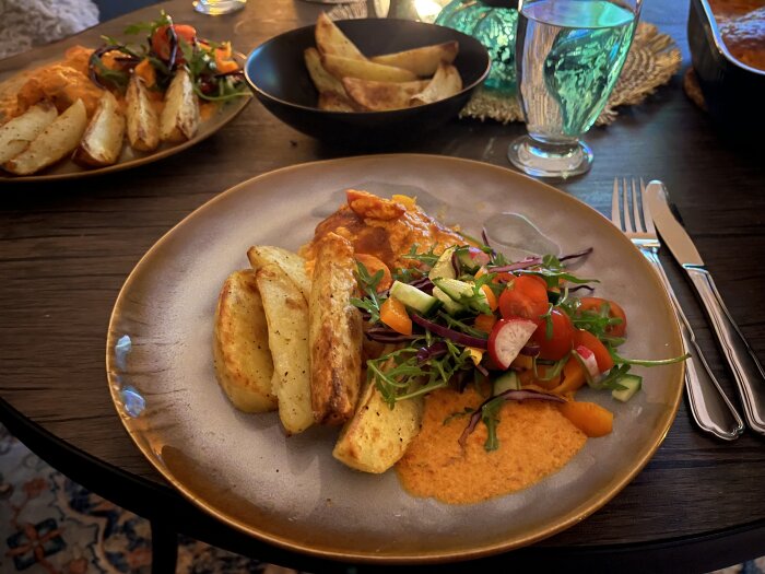 Ajvarkyckling i ugn serverad med egengjorda klyftpotatisar och färgglad sallad på en grå tallrik med dryck och tillbehör på ett dukat bord.
