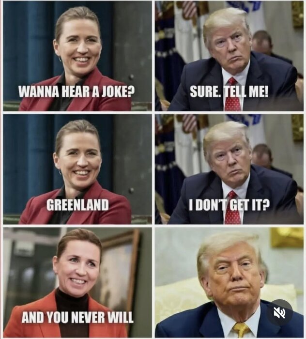 En meme med två personer som diskuterar Grönland där en berättar en "vits" och den andra inte förstår poängen.