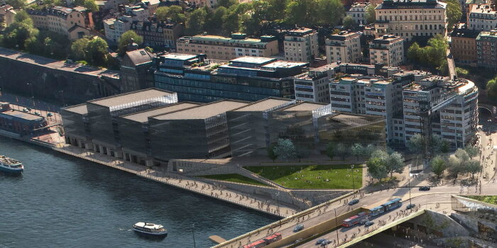 Översiktsbild av ett konceptuellt Nobel Center vid Slussen i Stockholm, med flera byggnader nära vattnet och grönområden runtomkring.