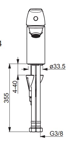 Ritning av ett blandarbatteri med mått: höjd 355 mm, bredd 33,5 mm, anslutning G3/8. Visar också rör och kopplingsdetaljer.