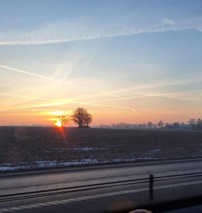 Soluppgång över ett fält med en väg i förgrunden och träd i bakgrunden, tidigt på morgonen.