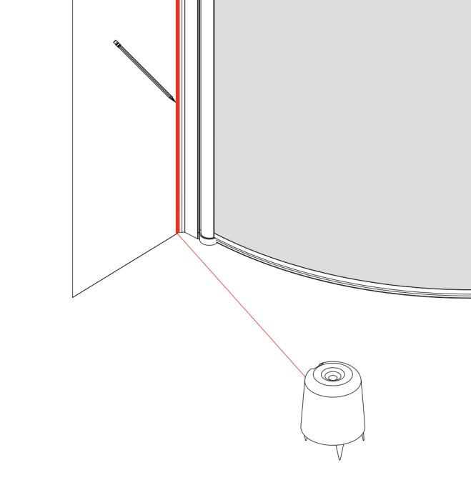 Diagram som visar installation av en duschdörr från Bathlife med fokus på symbol och linje, oklart vad symbolen betyder.