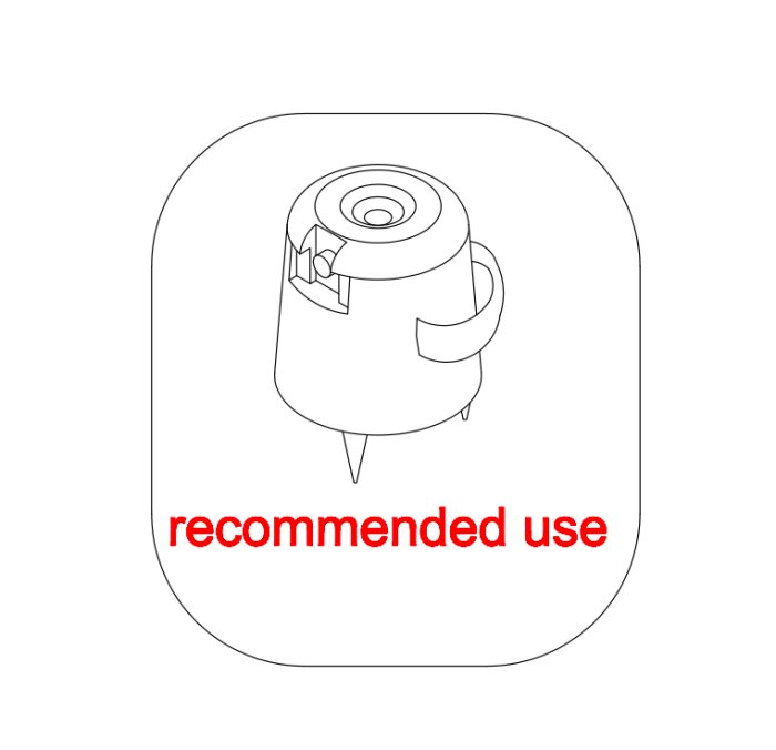 Dörrsymbolsbild med en rund komponent och två spetsiga fötter, med texten "recommended use" i rött under.