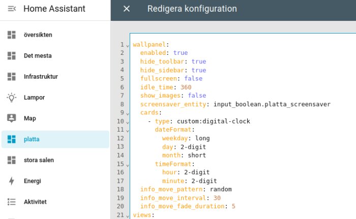 Konfiguration av Home Assistant för en väggpanel, visar inställningar för verktygsfält, sidofält, skärmsläckare och klocklayout.