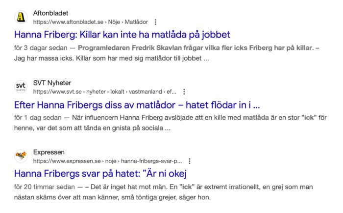 Sökresultat från olika nyhetssidor om Hanna Fribergs uttalande om "icks" och män med matlådor.