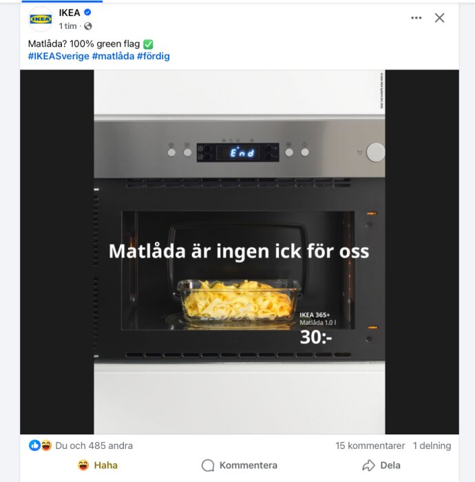 Glasskål med pasta i ugn, texten "Matlåda är ingen ick för oss". IKEA-reklam med prisangivelse.