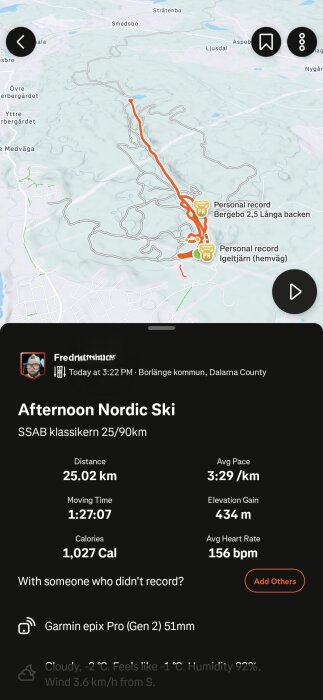 Karta över en skidtur i Borlänge kommun med detaljer om avstånd, tid, höjdökning och kaloriförbrukning; personlig rekordmarkering.