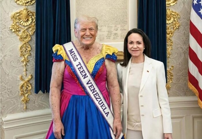 En man i en färgglad klänning med sash "Miss Teen Venezuela" står bredvid en kvinna i vit dräkt.