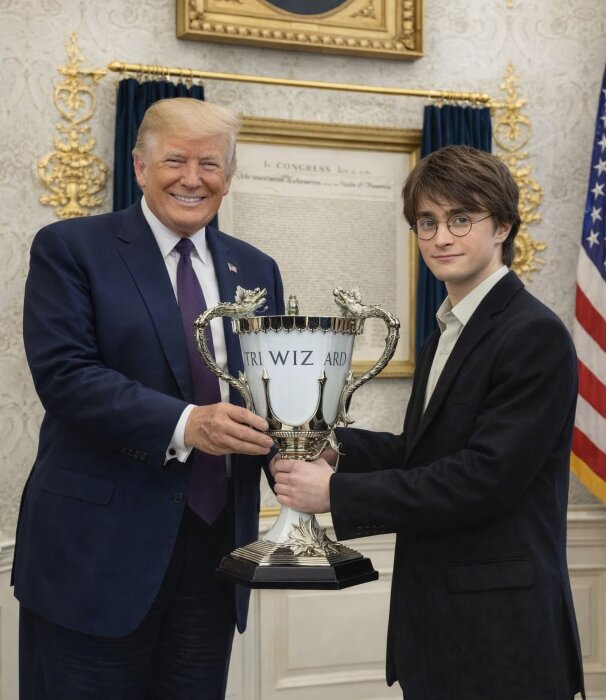 Två personer håller i en stor pokal i ett rum med dekorativa väggar och en amerikansk flagga i bakgrunden.