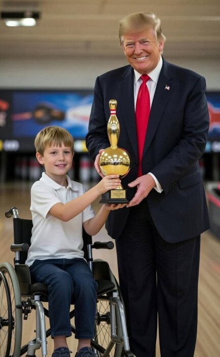 En pojke i rullstol håller ett bowlingpris med en man i kostym.