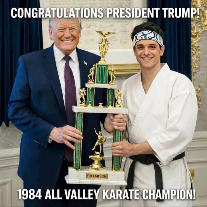 Two men holding a large karate trophy with "Congratulations President Trump" text above.