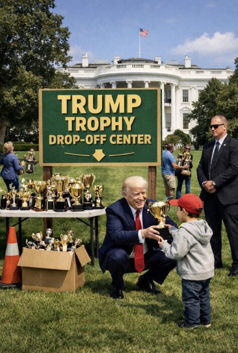 Person ger pokal till barn framför "Trump Trophy Drop-Off Center" vid en stor byggnad.