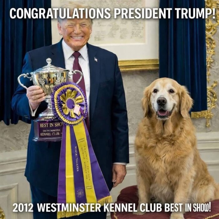 Jag vet inte vem som är på bilden, men en man står med en buckla och en stor rosett bredvid en golden retriever. Texten gratulerar personen för en utställningsvinst.