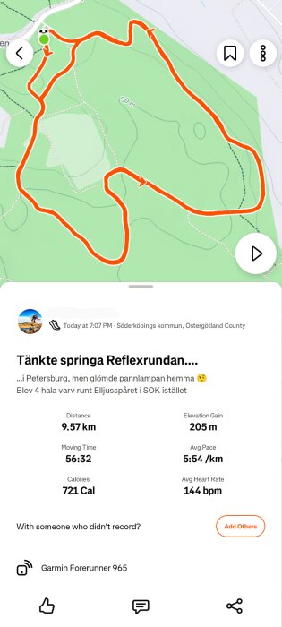 Karta över löprunda på 9,57 km med varv runt elljusspår i SOK, visas med sträcka markerad i rött. Statistik inkluderar tid, kalorier och puls.
