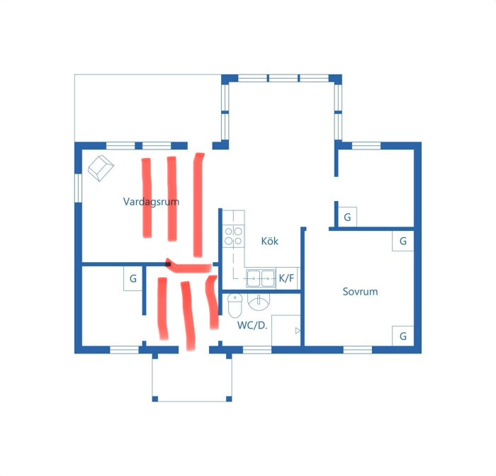Planritning av lägenhet med markerade väggar i vardagsrummet och korridor. Rummen inkluderar kök, sovrum, och WC/D.