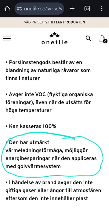 Bild med text om egenskaperna hos porslinsstengods, inklusive utmärkt värmeledningsförmåga och miljövänliga aspekter vid användning med golvvärmesystem.