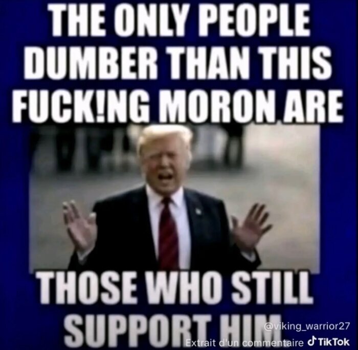 En suddig bild av en person som talar med text ovan: "The only people dumber than this moron are those who still support him.