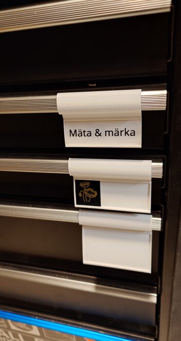 Etiketter med märkning på en verktygslåda, inklusive en med texten "Mäta & märka" och en med en blomdekor.