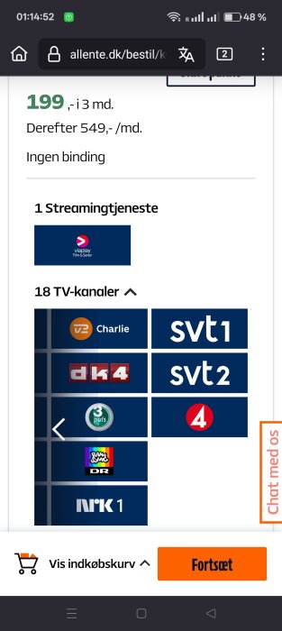 Skärmbild av en TV-abonnemangsplan från allente.dk som inkluderar 18 kanaler som SVT1, SVT2 och TV4 utan bindningstid.