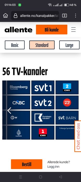 Skärmdump av en webbsida från Allente som visar olika TV-kanaler, inklusive Bloomberg, SVT1, SVT2 och DR.