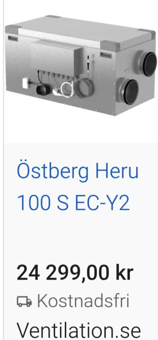 Ventilationsaggregat Östberg Heru 100 S EC-Y2, kostar 24 299 kr, från Ventilation.se, visas i grått med kopplingar och röranslutningar.