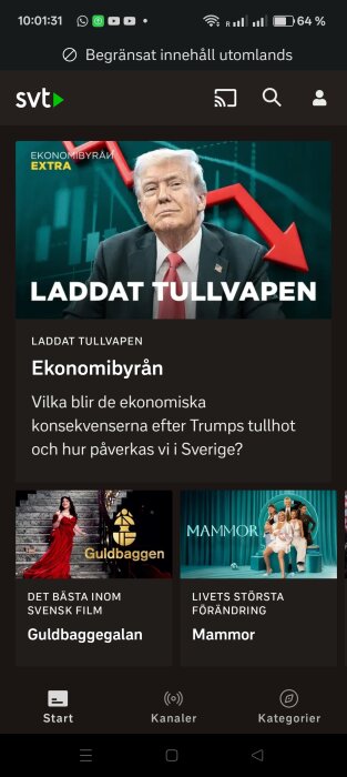 Plattform för TV-programvisning med fokus på ekonomiska konsekvenser av tullhot, samt reklam för Guldbaggegalan och serien "Mammor".