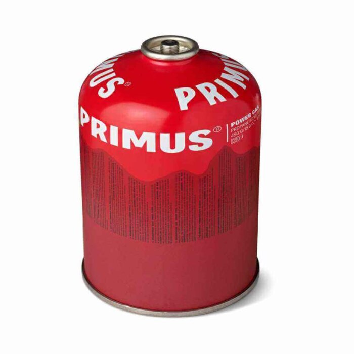 Röd Primus engångsgastub med standardgänga, används för portabla värmare.
