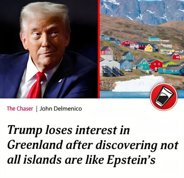 Bilden visar en man i kostym bredvid ett foto av färgglada hus i ett kustlandskap, med en satirisk text om förlorat intresse för Grönland.