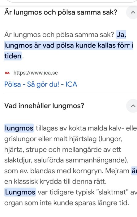 Text som beskriver att lungmos tidigare kallades pölsa, med ingredienser och kryddor listade.