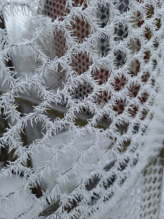 Frosttäckt nät med närbild av isiga kristaller som bildas på nätets trådar, mot en suddig bakgrund.