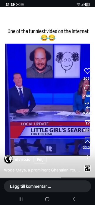 Nyhetsankare på TV med en bild av en man vars frisyr liknar en barns teckning bredvid honom, texten säger "Little Girl's Search for Her Dad".