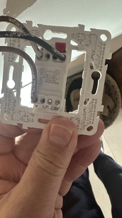 En fast trappbrytare med kablar, märkt 10AX 250V och "Made in Spain", hålls i en hand, eventuell koppling i Spanien.
