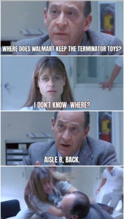 Tre bildrutor från en film med en läkare och en kvinna som pratar; skämt om "Terminator"-leksaker; sista rutan visar fysisk konfrontation.