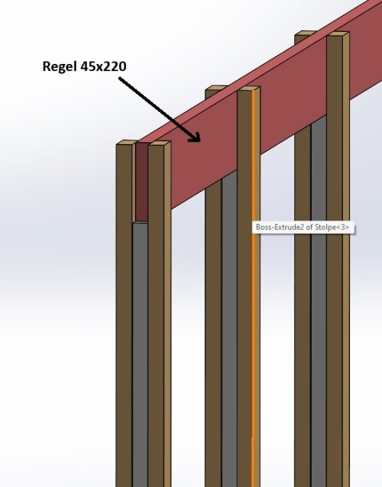 Konstruktion med bärlina (regel 45x220) och vertikala stolpar, diagram för dimensionering av bärlinor och hammarband för förrådsbygge, 5 x 7,5 m.