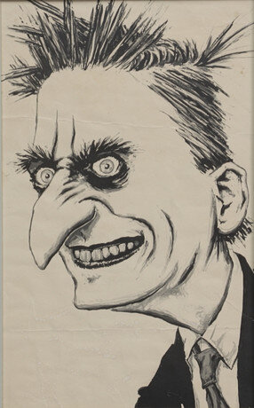 Karikatyr av en man med vilt hår, stora ögon och en lång näsa, klädd i kavaj och slips, ritad i svartvitt.