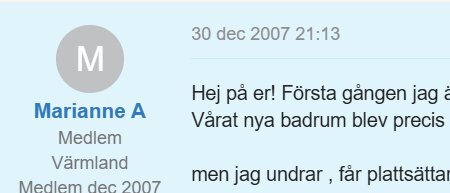 Profilinfo för medlem Marianne A, aktiv 30 dec 2007, visar plats Värmland och medlemskap från dec 2007. Del av ett inlägg om ett nytt badrum.